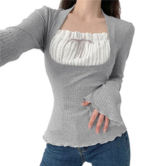 Collar Long Sleeve Ribbed T Shirts with Bow