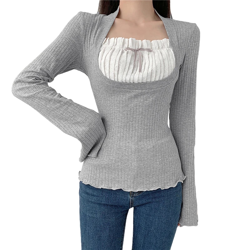 Collar Long Sleeve Ribbed T Shirts with Bow