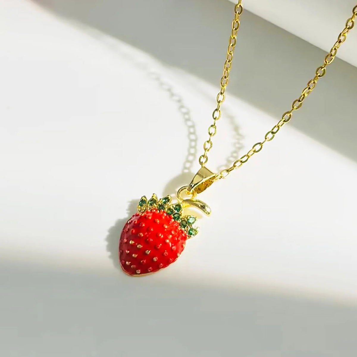 Stainless Steel Red Strawberry Crystal Pendant Necklace