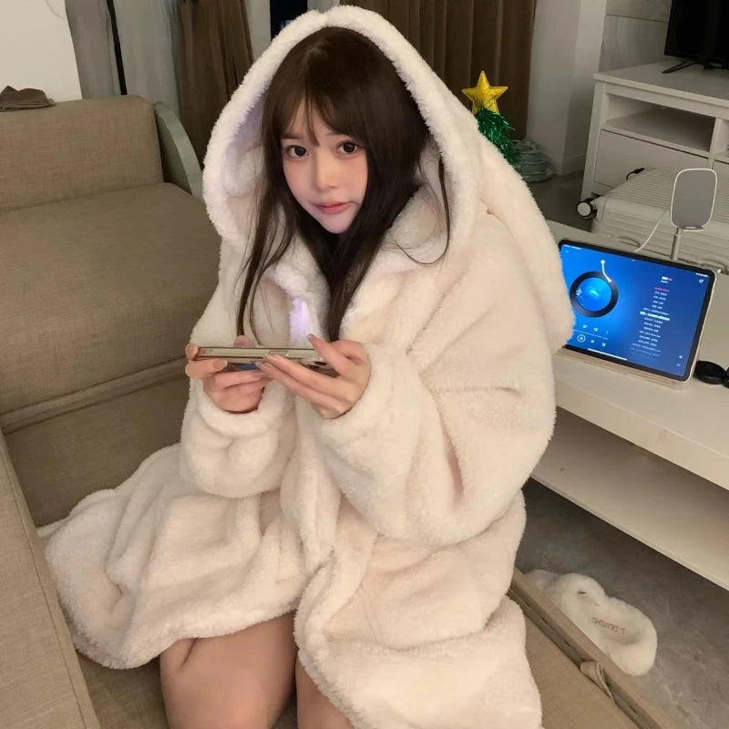 Winter Fluffy Rabbit Ear Hooded Pajamas