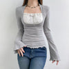 Collar Long Sleeve Ribbed T Shirts with Bow