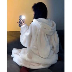 Winter Fluffy Rabbit Ear Hooded Pajamas