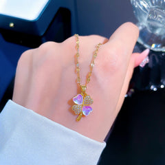 Four Leaf Lucky Flower Opal Pendant Necklace Jewelry