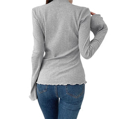 Collar Long Sleeve Ribbed T Shirts with Bow