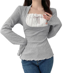 Collar Long Sleeve Ribbed T Shirts with Bow